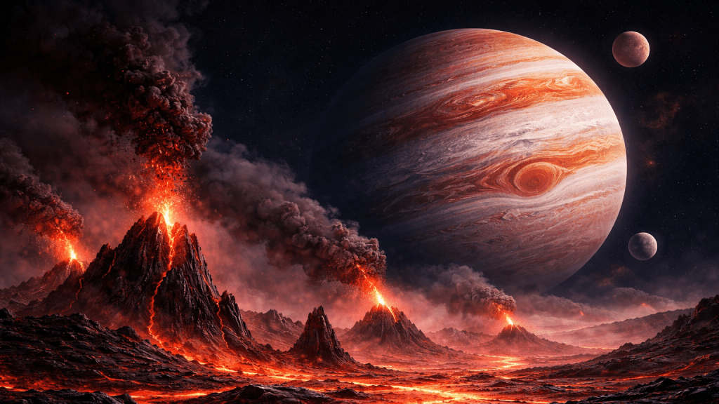 The fiery landscape of Io churns as Jupiter rises in the sky.