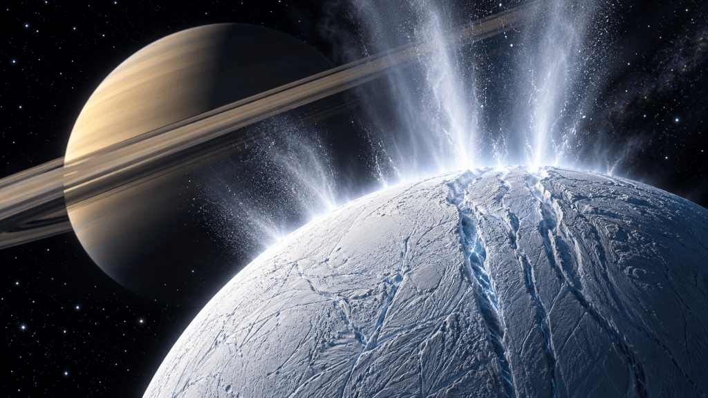 Enceladus venting icy plumes into space with Saturn glowing in the background