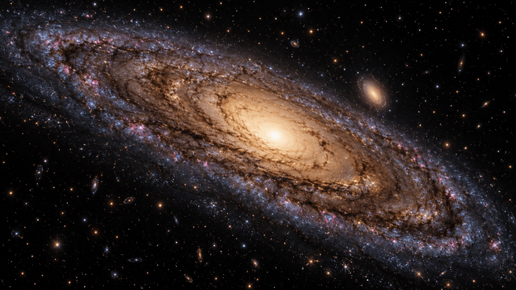 The Andromeda Galaxy glowing with fading blue and pink star-forming regions against a dark star field